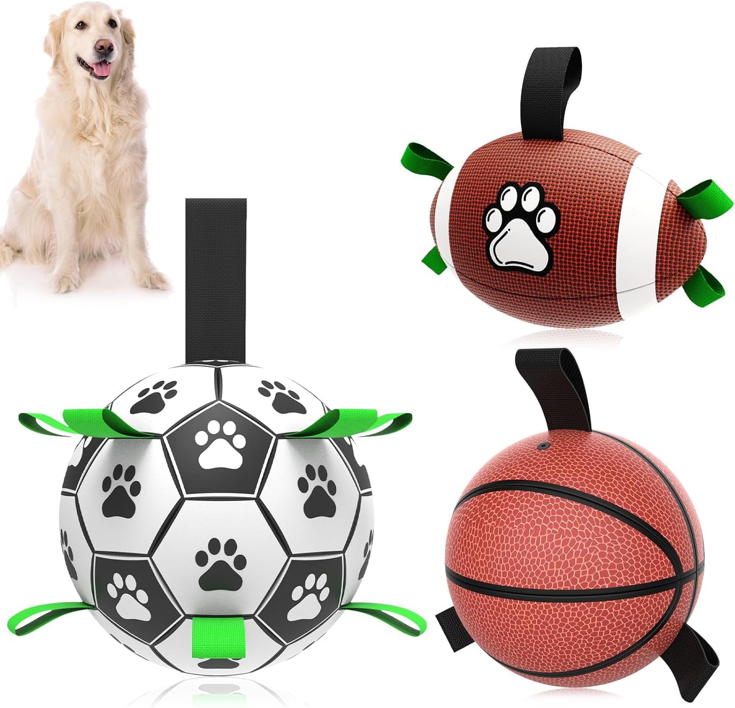 Dog Soccer Ball Football Basketball Set - 3 PCS Dog Balls with Strap for Tug of War, Soccer Ball Football Toys for Small Medium Large Dogs, Herding Ball for Dogs, Dog Birthday Toy