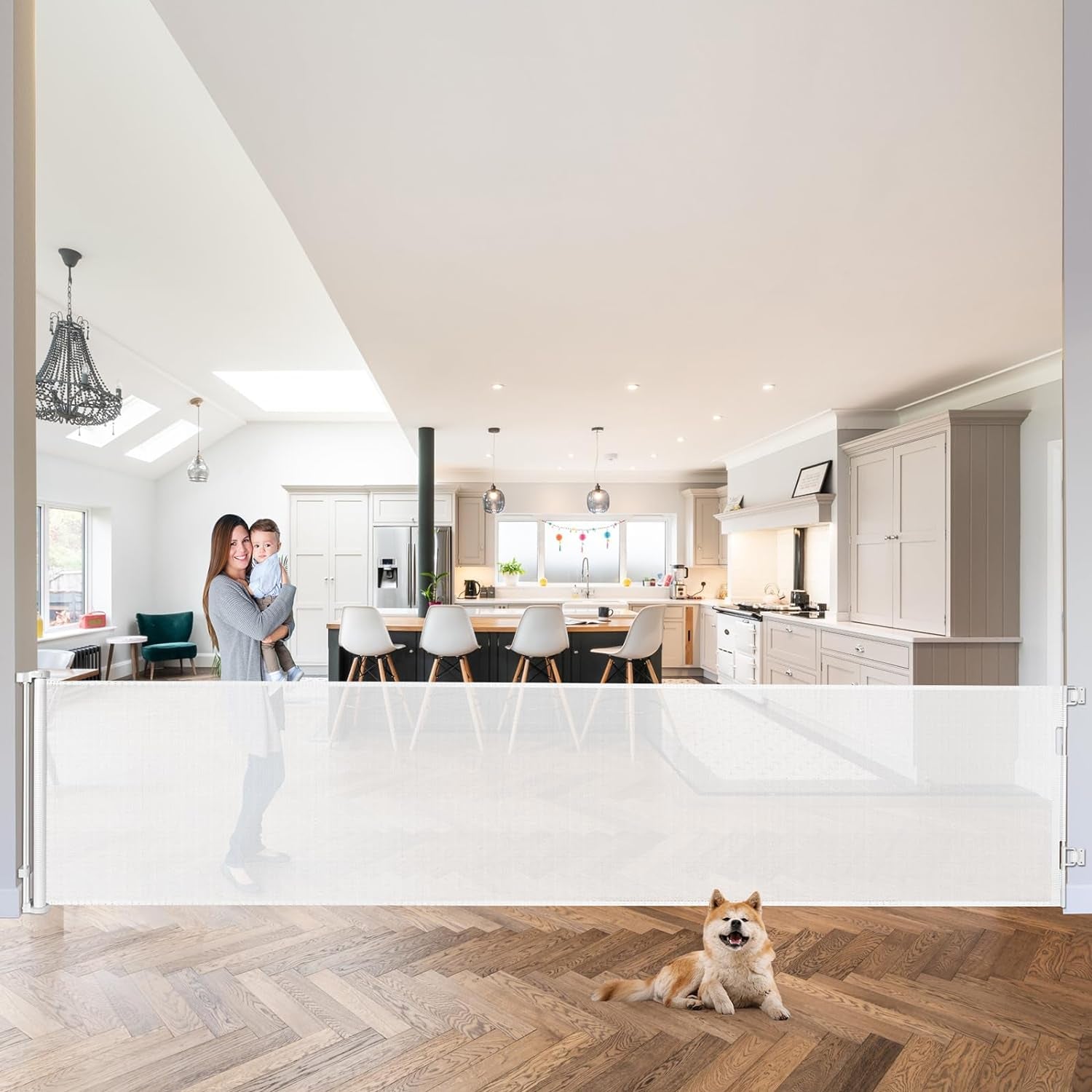 120 Inch Extra Wide Baby Gate for Doorways Extra Long Retractable Baby Gates Dog Gate for the House Large Pet Gate for Dogs Indoor Child Gates for Wide Openings Mesh Baby Gates for Dogs (White)