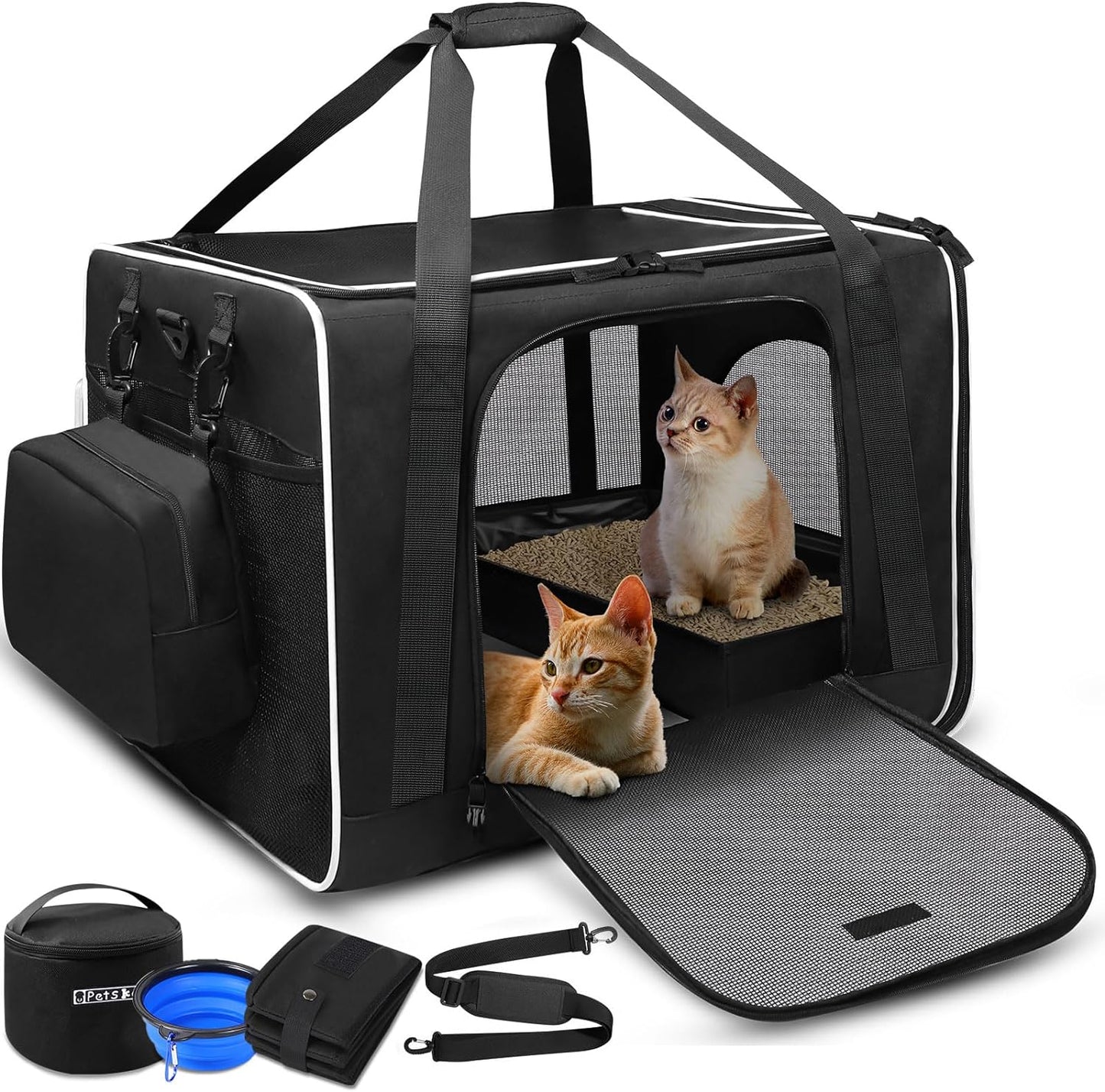 24"X17"X17" Pet Carrier for Large Cats or Medium Dogs - Car Travel Carrier with Litter Box, Bowl, and Locking Zipper