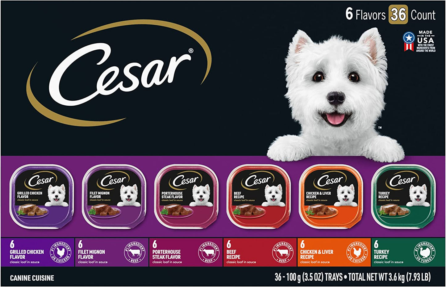 CESAR Adult Wet Dog Food Classic Loaf in Sauce Chicken & Beef Recipe, 3.5 Oz. Easy Peel Trays, Pack of 24