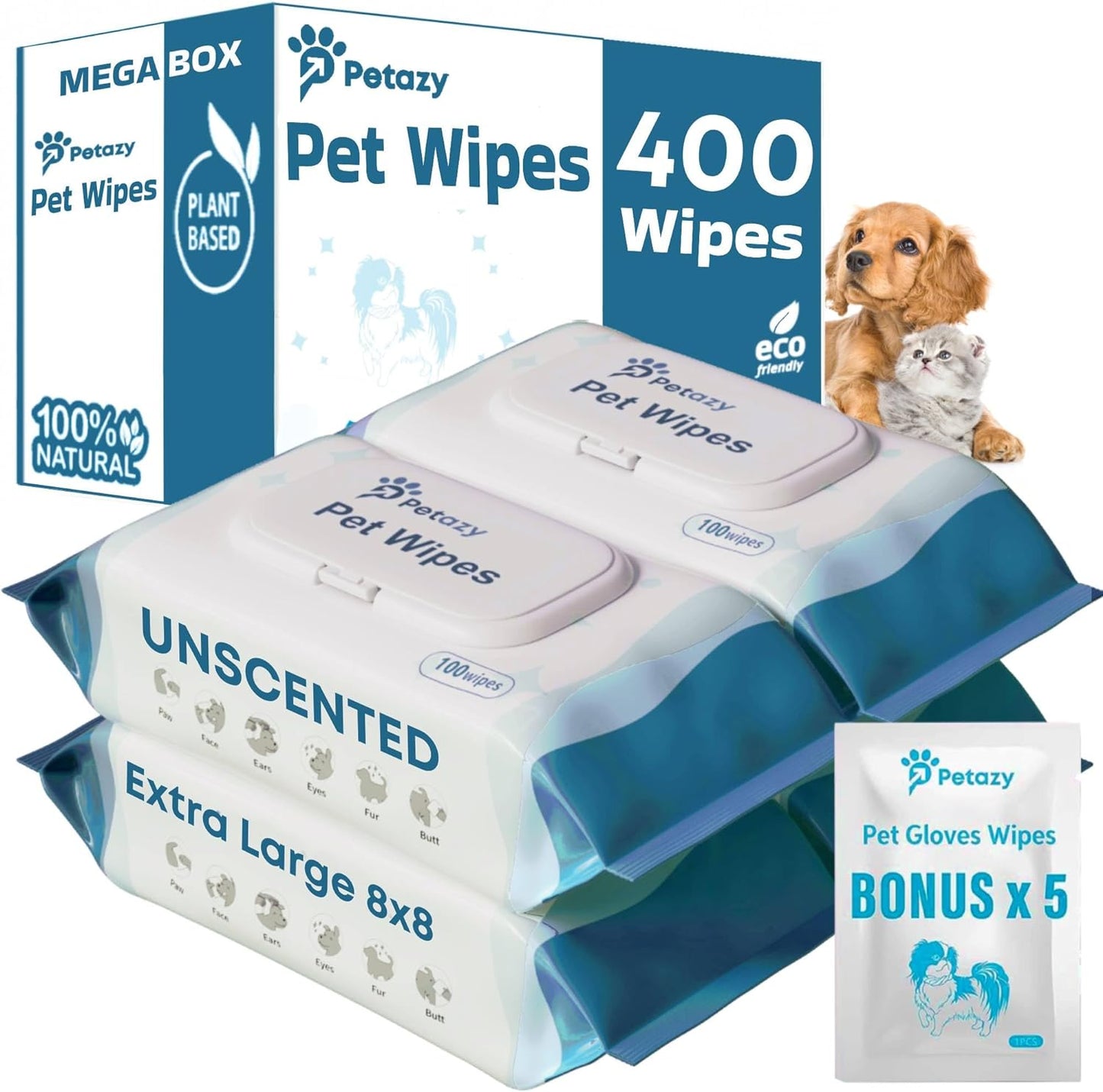 400 Dog Wipes for Paws and Butt Ears Eyes | Organic Pet Wipes for Dogs | Unscented Dog Wipes Cleaning Deodorizing | Extra Thick Paw Wipes for Dogs Cats Pets | Bonus Glove Wipes Included