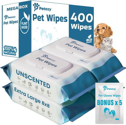 400 Dog Wipes for Paws and Butt Ears Eyes | Organic Pet Wipes for Dogs | Unscented Dog Wipes Cleaning Deodorizing | Extra Thick Paw Wipes for Dogs Cats Pets | Bonus Glove Wipes Included