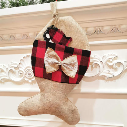 YELAIVP Pet Christmas Stockings for Cats Burlap Plaid Holiday Hanging Fish Socks Fireplace Tree Christmas Decoration