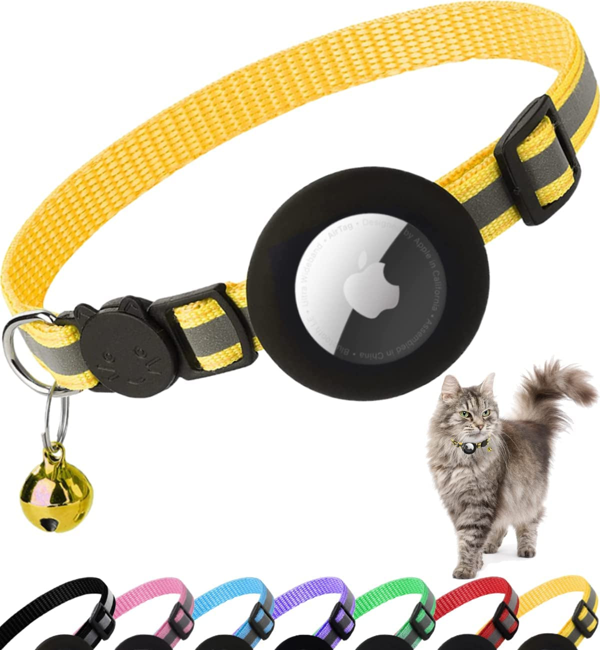 Airtag Cat Collar Breakaway, Reflective Kitten Collar with Apple Air Tag Holder and Bell for Girl Boy Cats, 0.4 Inches in Width and Lightweight(Yellow)