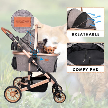 Pet Stroller with 4 Wheels, Foldable Pet Travel Carrier for Small/Medium Dogs Cats up to 50lbs, Detachble Portable Pet Bag, Storage Basket, Car Seat 3 in 1 Multifunctional (Grey)