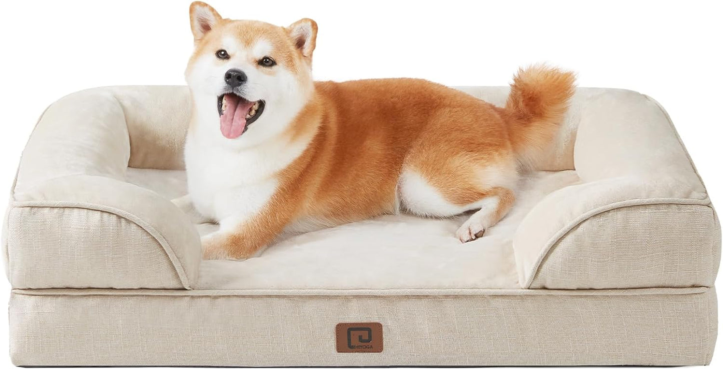 EHEYCIGA Orthopedic Dog Bed for Large Dogs, Waterproof Memory Foam, Non-Slip Bottom, Beige, 35"L X 22"W X 6.5"Th