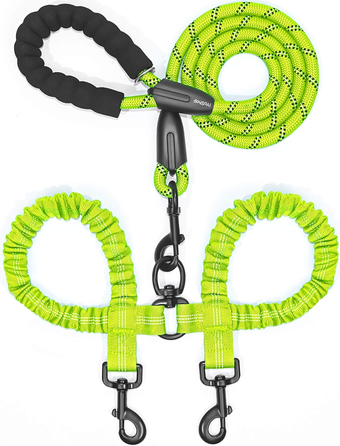 Iyoshop Dual Dog Leash, Double Dog Leash, 360 Swivel No Tangle Walking Leash, Shock Absorbing Bungee for Two Dogs, Green, Large (25-150 Lbs)