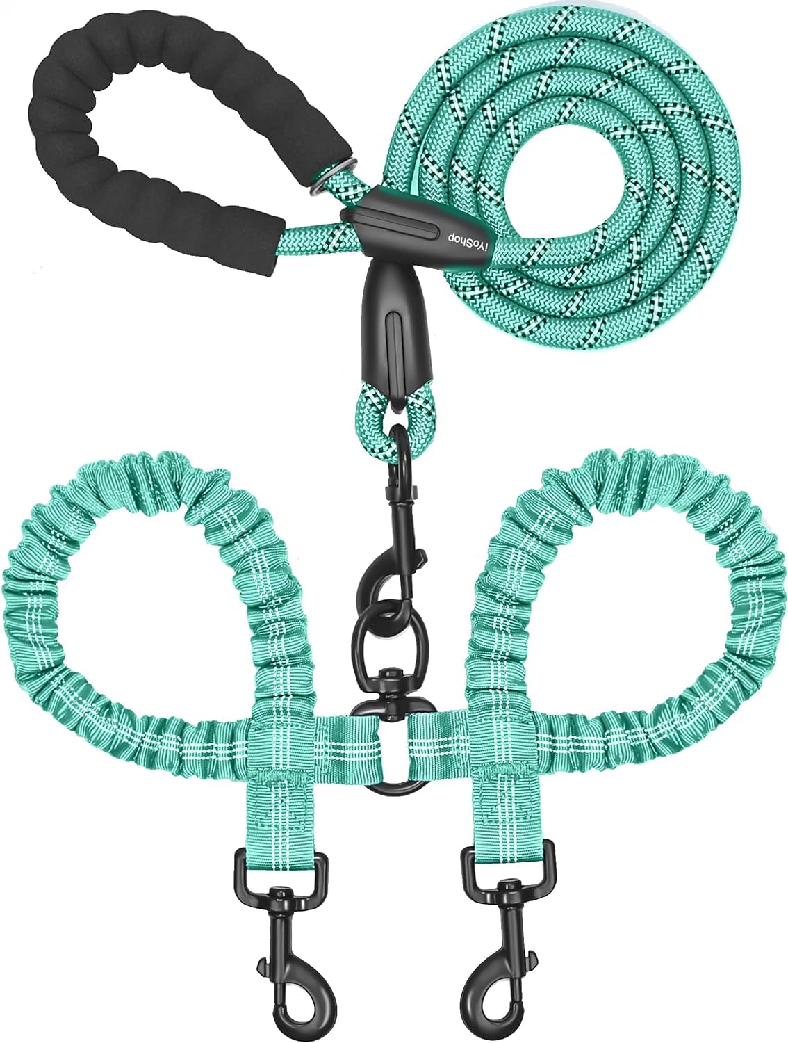 Iyoshop Dual Dog Leash, Double Dog Leash, 360 Swivel No Tangle Walking Leash, Shock Absorbing Bungee for Two Dogs, Teal, Large (25-150 Lbs)