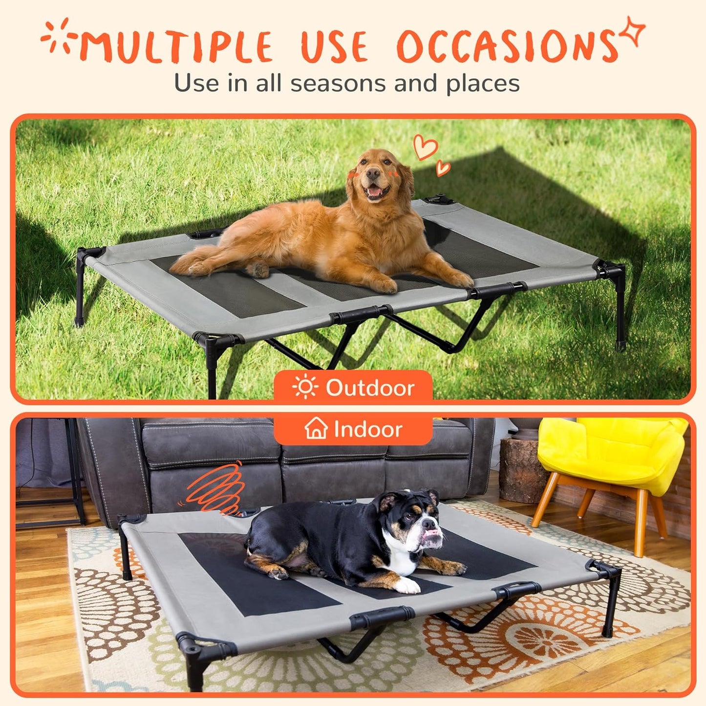 PRAISUN Outdoor Dog Bed, XL Dog Cot, Elevated Dog Bed, Pet Bed with Oxford Fabric, Textilene Mesh, Carrying Bag, Cooling and Portable, for Indoors, Outdoors, Beach, Dark Gray