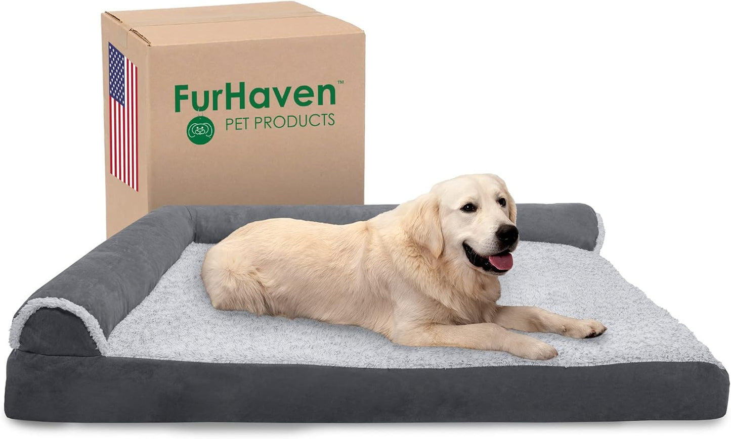 Furhaven Memory Foam Dog Bed for Large Dogs W/ Removable Bolsters & Washable Cover, for Dogs up to 125 Lbs - Two-Tone Plush Faux Fur & Suede L Shaped Chaise - Stone Gray, Jumbo Plus/Xxl