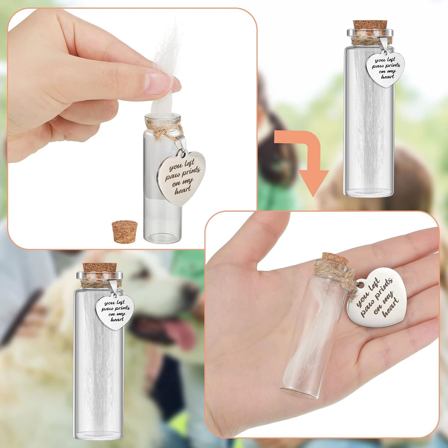 Nuenen 2 Pcs Pet Hair Glass Memorial Bottle Dog Keepsake Memorial Pet Loss Memory Sympathy Gift with Heart Shape Ornaments White Organza Bags Cat Keepsake Glass Vial for Ashes Fur Urn