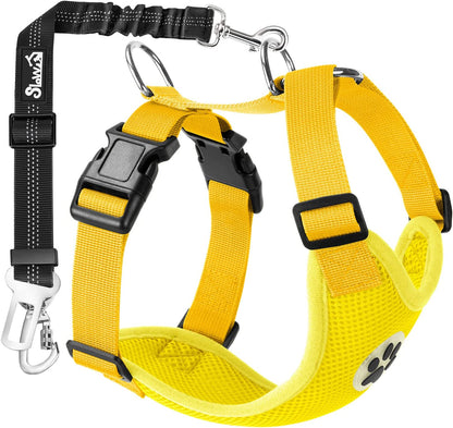 Slowton Dog Seat Belt Harness for Car, Dog Car Harness Adjustable Mesh Breathable & Dog Seatbelt Safety Tether with Elastic Bungee for Small Medium Large Pets(Yellow, Double Clip, S)