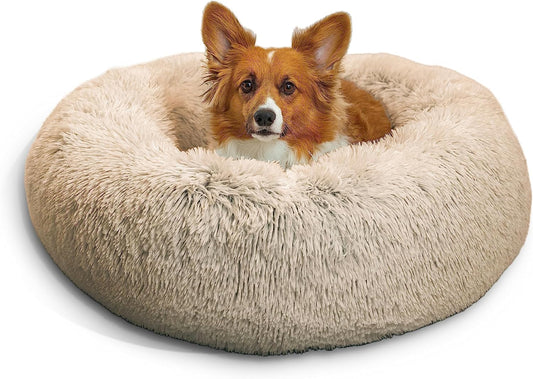 Best Friends by Sheri the Original Calming Donut Cat and Dog Bed in Shag Fur Taupe, Medium 30"