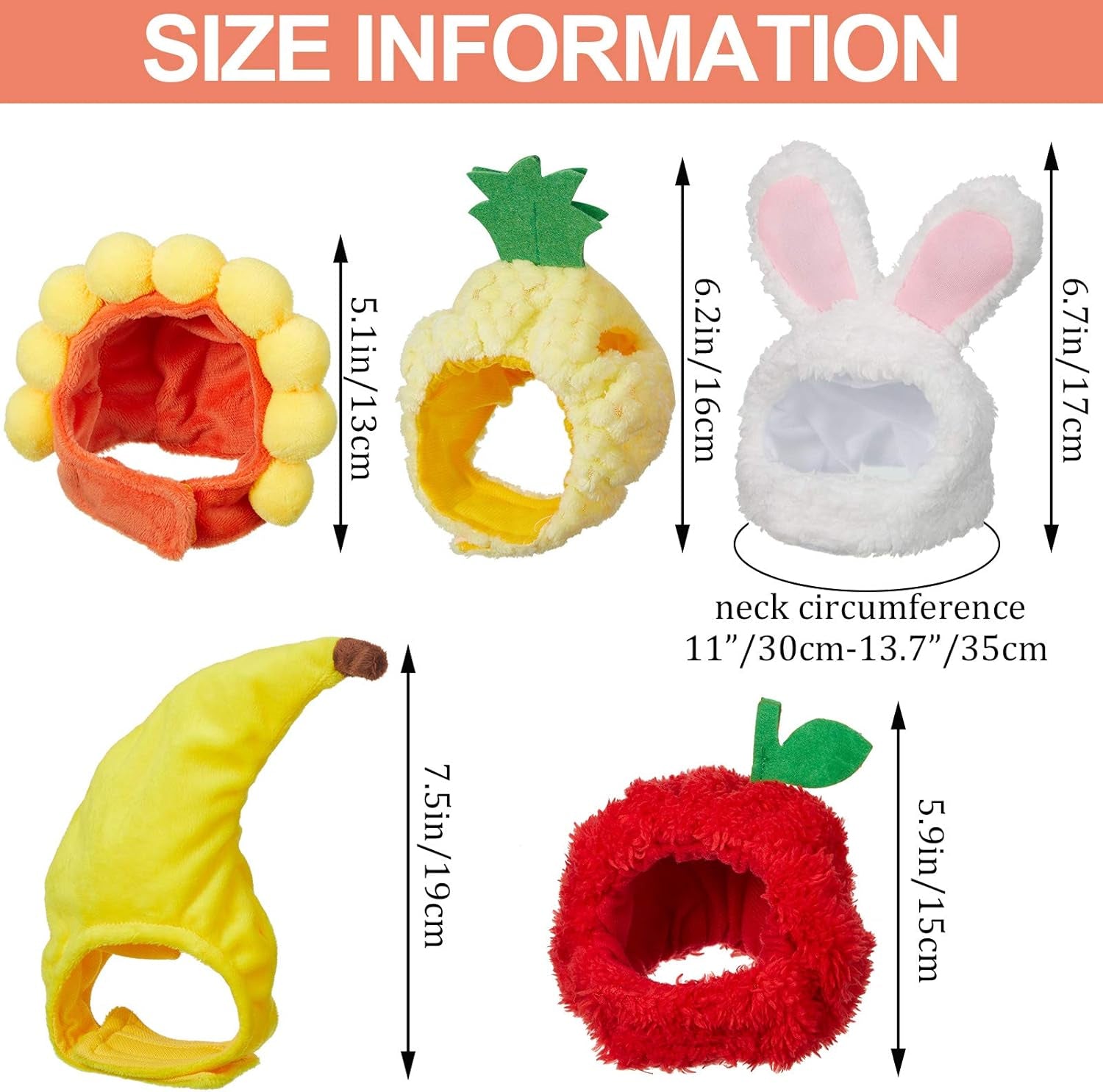 Weewooday 5 Pieces Cat Hat Cat Costume Bunny Hat with Ears Funny Banana Pineapple Cat Hat for Cats and Small Dogs Kitten Puppy Party Costume Accessory Headwear (Cute Style)