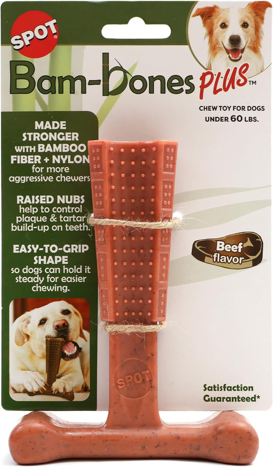 SPOT Bam-Bones plus T Bone - Bamboo Fiber & Nylon, Durable Long Lasting Dog Chew for Aggressive Chewers – Great Toy for Adult Dogs & Teething Puppies under 30Lbs, Non-Splintering, 4In, Beef Flavor