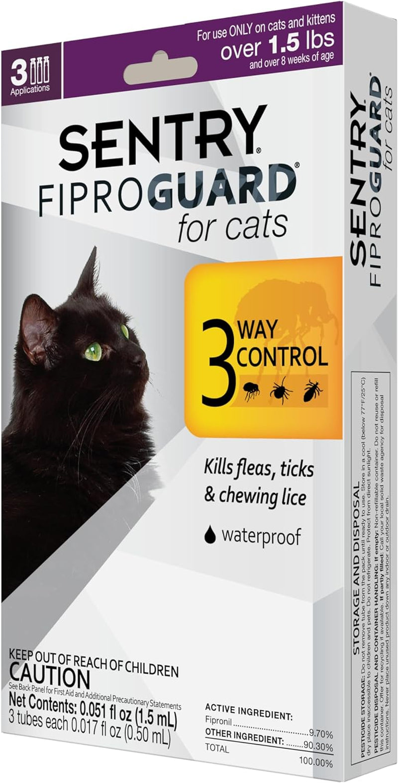 SENTRY Fiproguard for Cats, Flea and Tick Prevention for Cats (1.5 Pounds and Over), Includes 3 Month Supply of Topical Flea Treatments