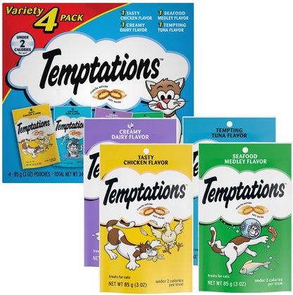 TEMPTATIONS Classic Crunchy and Soft Cat Treats Feline Favorite Variety Pack, 3 Oz. Pouches,4 Count