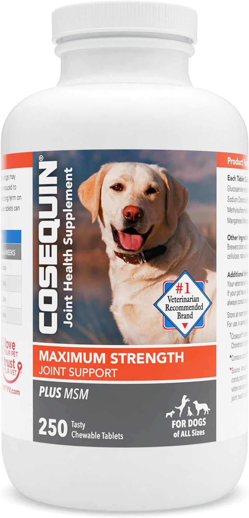 Nutramax Laboratories Cosequin Maximum Strength Joint Health Supplement for Dogs - with Glucosamine, Chondroitin, and MSM, 250 Chewable Tablets