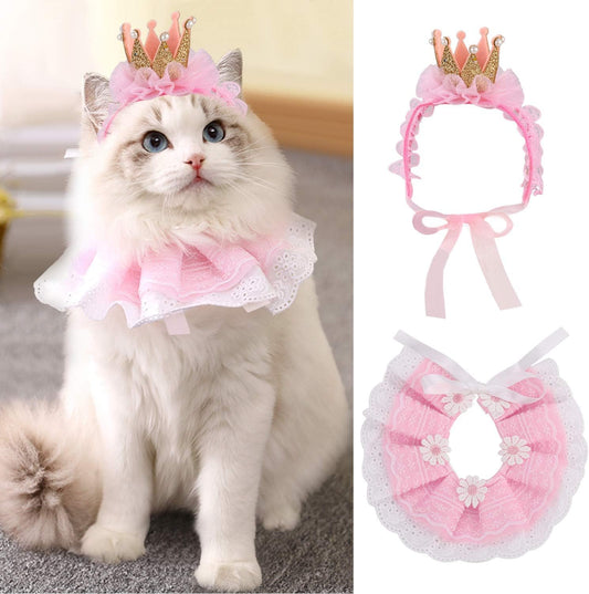 Bandana, Princess Costumes Cute Lace Crown Accessories for Cats Small Dogs, Pink Outfit for Birthday Party