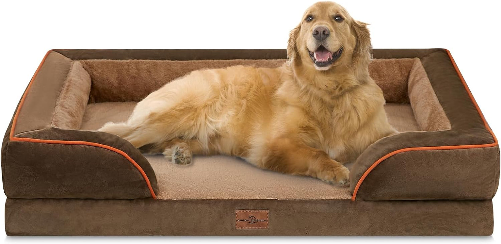 Dog Beds for Extra Large Dogs, Waterproof Orthopedic Foam XL Dog Bed with Bolster, Washable Dog Bed Sofa Pet Bed with Removable Cover & Non-Slip Bottom(X-Large,Brown)