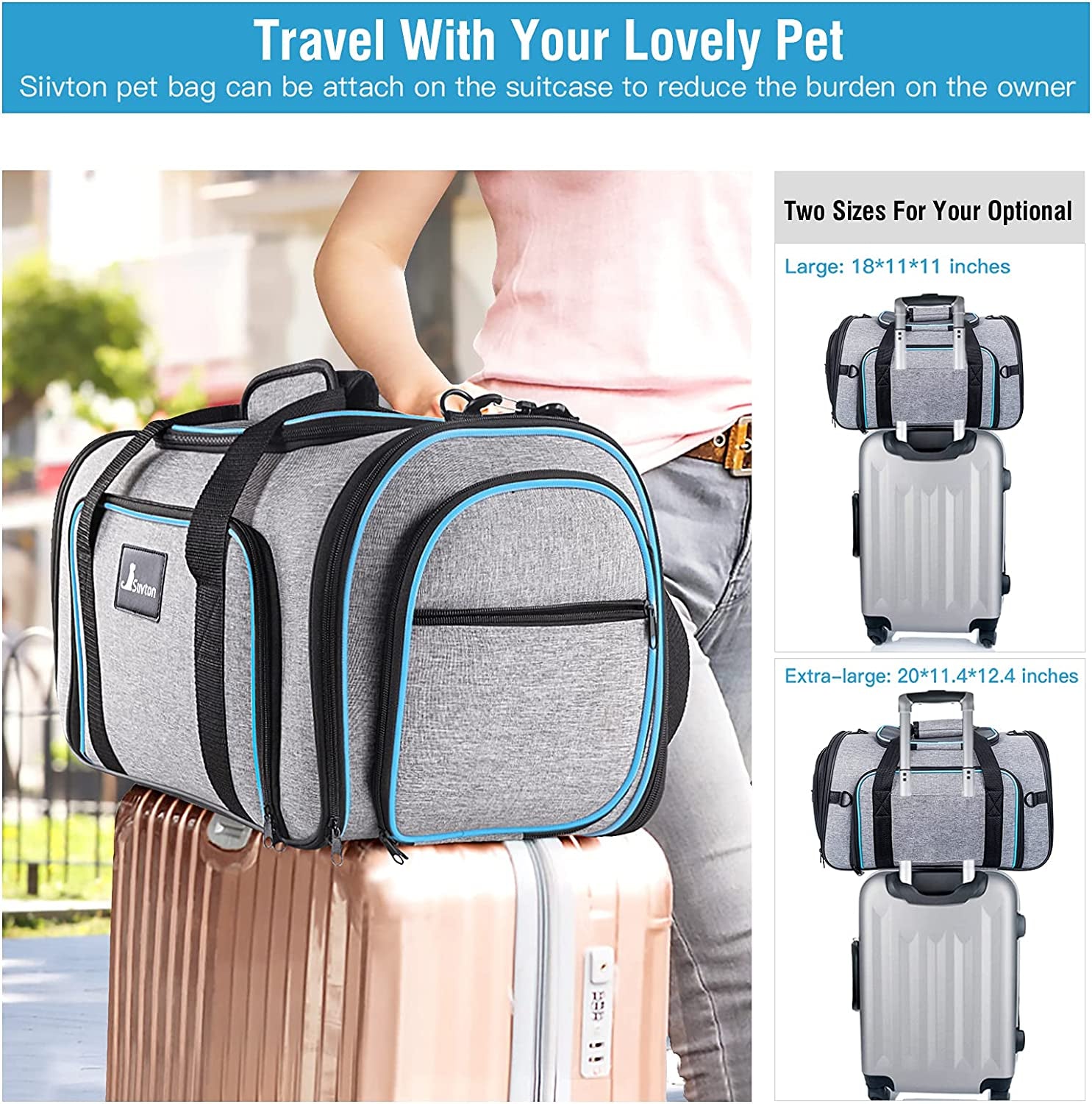 Siivton 4 Way Expandable Pet Carrier, Airline Approved Collapsible Cat Soft-Sided Carriers W/Removable Fleece Pad for Cats, Puppy, Small Dogs (18"X 11"X 11")