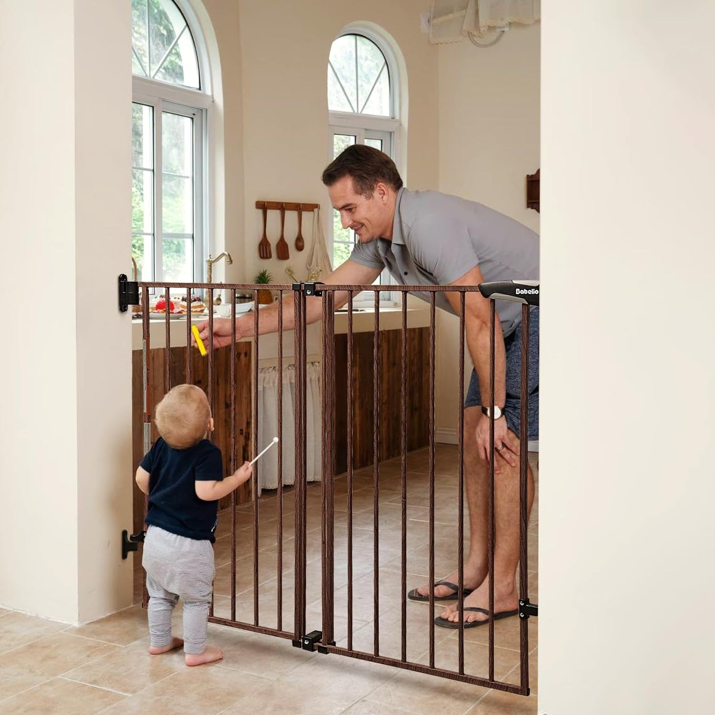 Babelio 34" Extra Tall Baby/Dog Gate with No Threshold Design Walk Thru Door, 26-43" Auto Close Safety Gate for Babies, Elders and Pets, Fits Doorways, Stairs, and Entryways, Black Wood Pattern