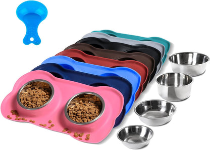 Hubulk Pet Dog Bowls 2 Stainless Steel Dog Bowl with No Spill Non-Skid Silicone Mat + Pet Food Scoop Water and Food Feeder Bowls for Feeding Small Medium Large Dogs Cats Puppies (Small, Navy Blue)