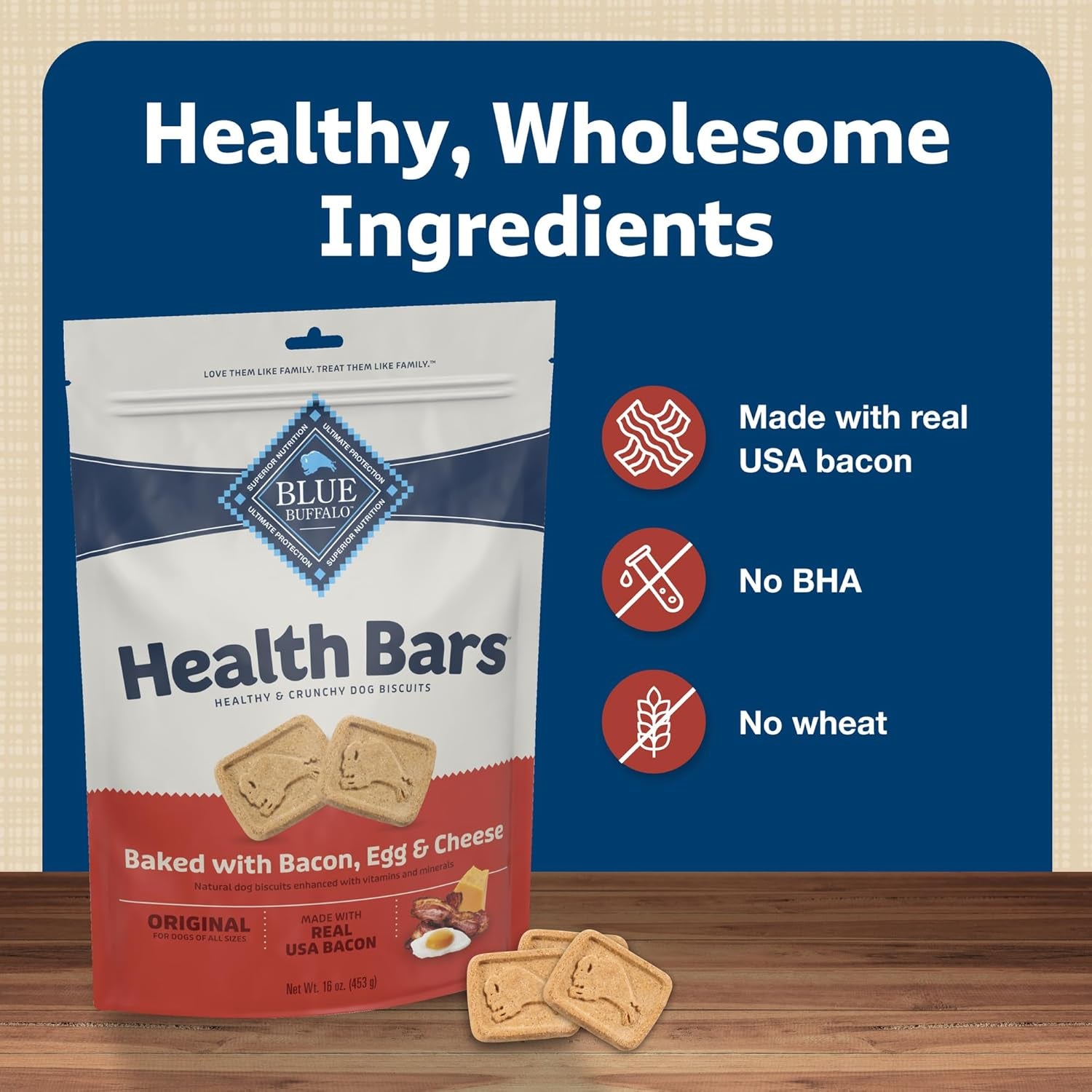 Blue Buffalo Health Bars Crunchy Dog Biscuits, Oven-Baked With Natural Ingredients, Bacon, Egg & Cheese , 16-oz. Bag