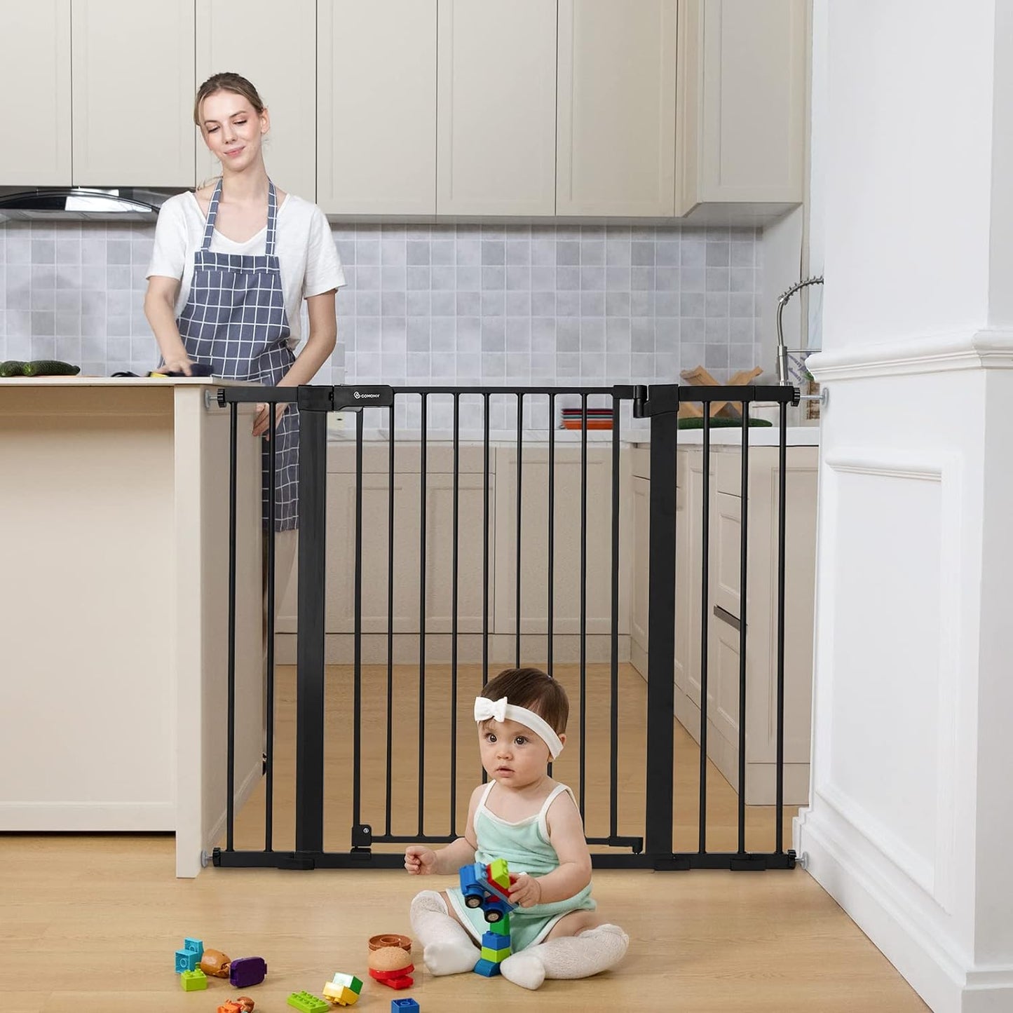 COMOMY 30" Tall Baby Gate for Stairs Doorways, Fits Openings 29.5" to 46" Wide, Auto Close Extra Wide Dog Gate for House, Pressure Mounted Easy Walk through Pet Gate with Door, White