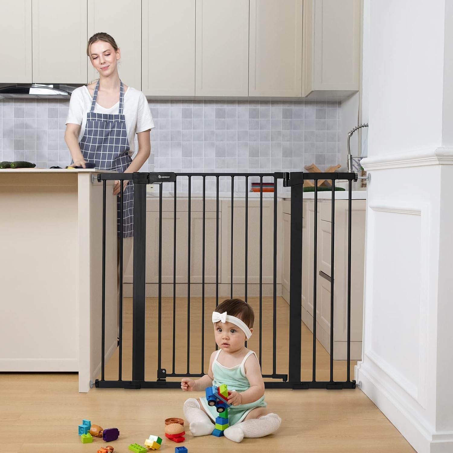 COMOMY 30" Tall Baby Gate for Stairs Doorways, Fits Openings 29.5" to 46" Wide, Auto Close Extra Wide Dog Gate for House, Pressure Mounted Easy Walk through Pet Gate with Door, Black