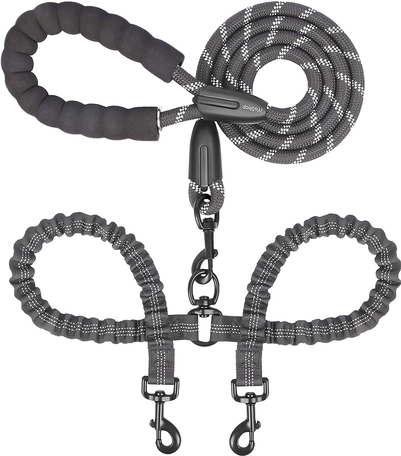 Iyoshop Dual Dog Leash, Double Dog Leash, 360 Swivel No Tangle Walking Leash, Shock Absorbing Bungee for Two Dogs, Grey, Large (25-150 Lbs)