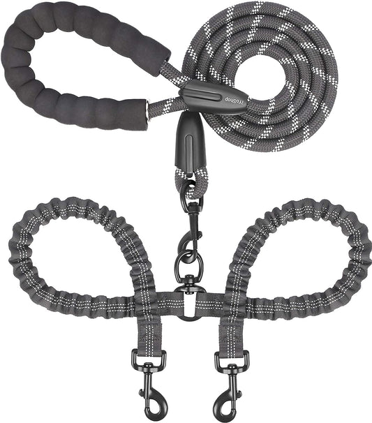 Iyoshop Dual Dog Leash, Double Dog Leash, 360 Swivel No Tangle Walking Leash, Shock Absorbing Bungee for Two Dogs, Black, Large (25-150 Lbs)