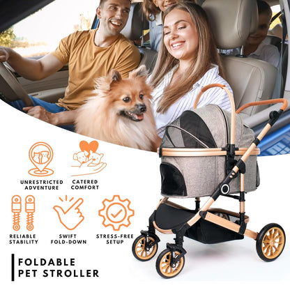 Pet Stroller with 4 Wheels, Foldable Pet Travel Carrier for Small/Medium Dogs Cats up to 50lbs, Detachble Portable Pet Bag, Storage Basket, Car Seat 3 in 1 Multifunctional (Grey)