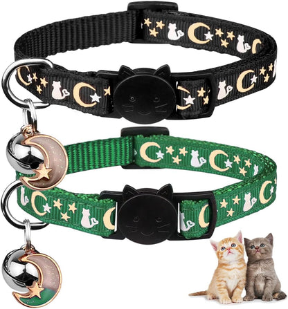 2PCS Breakaway Cat Collars with Bell Cute Kitty Glow in the Dark Adjustable Kitten Collars(Deep Green&Black)