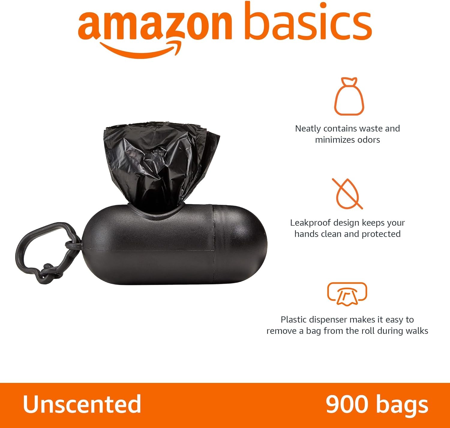 Amazon Basics Dog Poop Leak Proof Bags with Dispenser and Leash Clip, Unscented, 900 Count, 60 Pack of 15, Black, 13 x 9 Inch