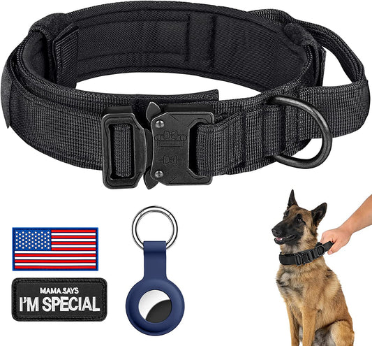 DAGANXI Tactical Dog Collar, Adjustable Military Training Nylon Dog Collar with Control Handle and Heavy Metal Buckle for Medium and Large Dogs, with Patches and Airtags Case (M, Black)