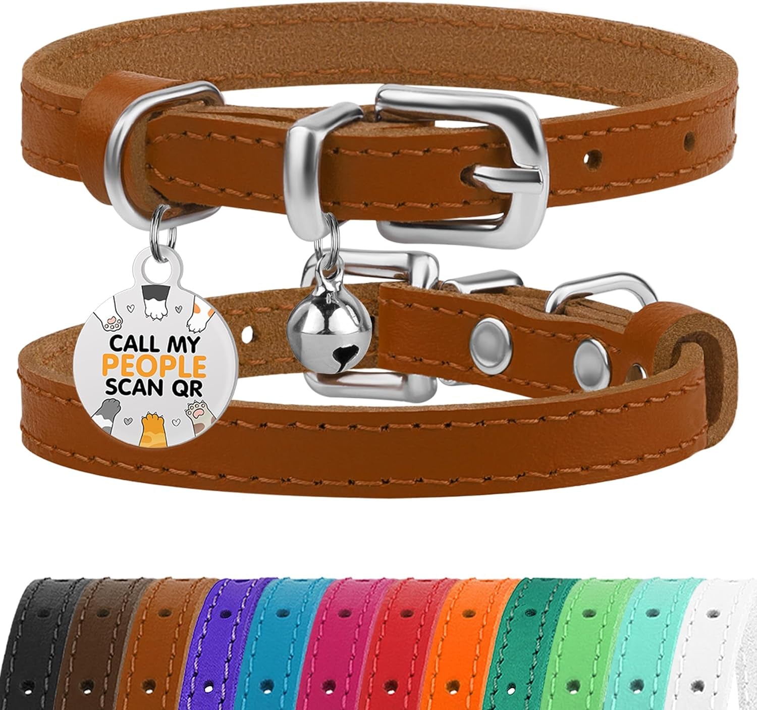 BRONZEDOG Leather Cat Collar with Bell Non Breakaway Kitten QR Tag for Girl Boy (7" - 9" for Cats, Light Brown & Silver)