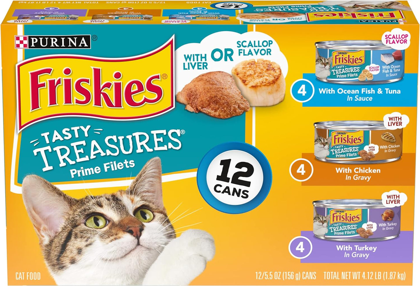 Purina Friskies Gravy Wet Cat Food Variety Pack, Tasty Treasures Prime Filets - (Pack of 12) 5.5 Oz. Cans