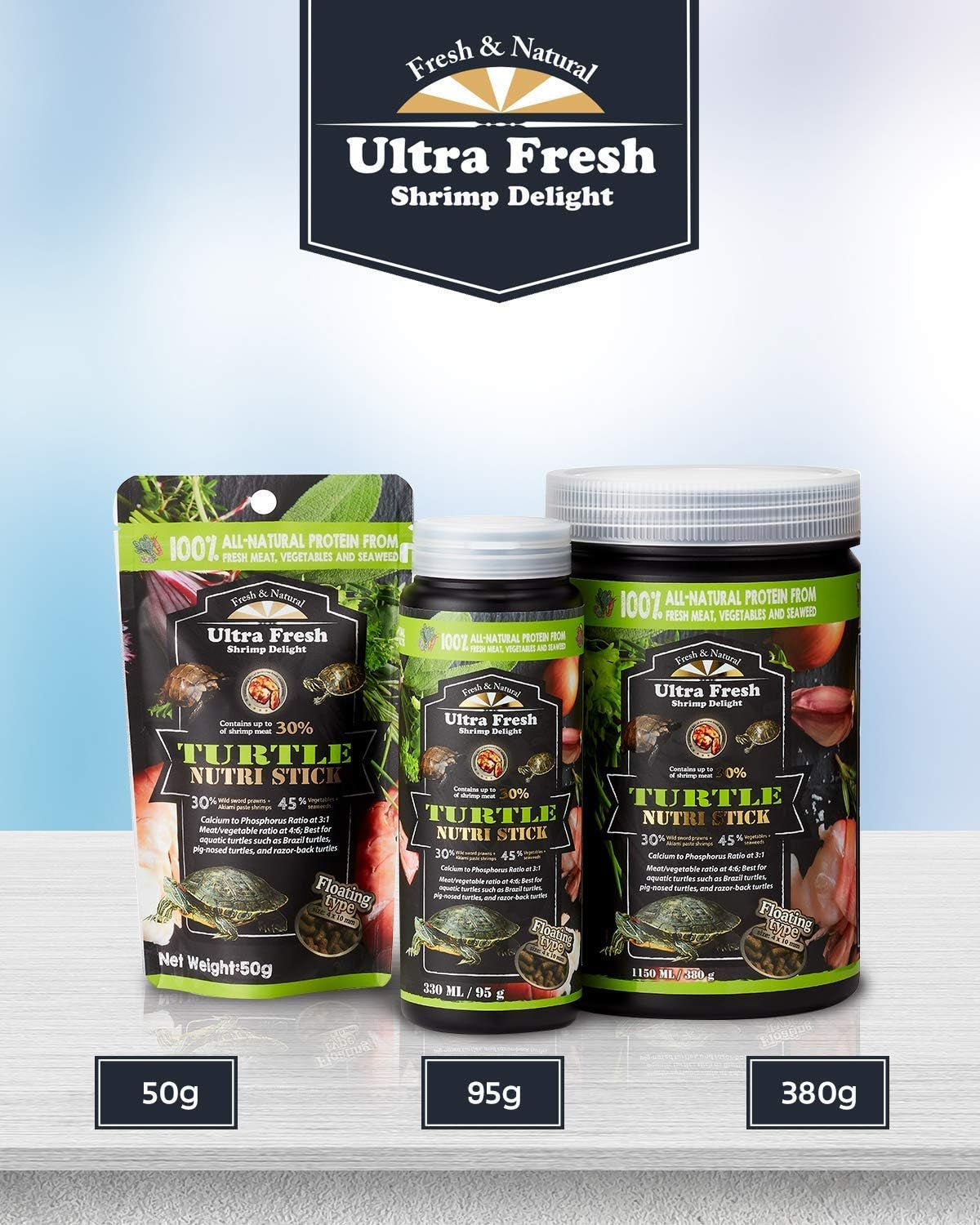 Ultra Fresh - Turtle Nutri Stick, Wild Sword Prawn, Calcium & Vitamin D Enriched Aquatic Turtle Food with Probiotics for Picky Turtles, Made from All Natural Ingredients 3.35 oz