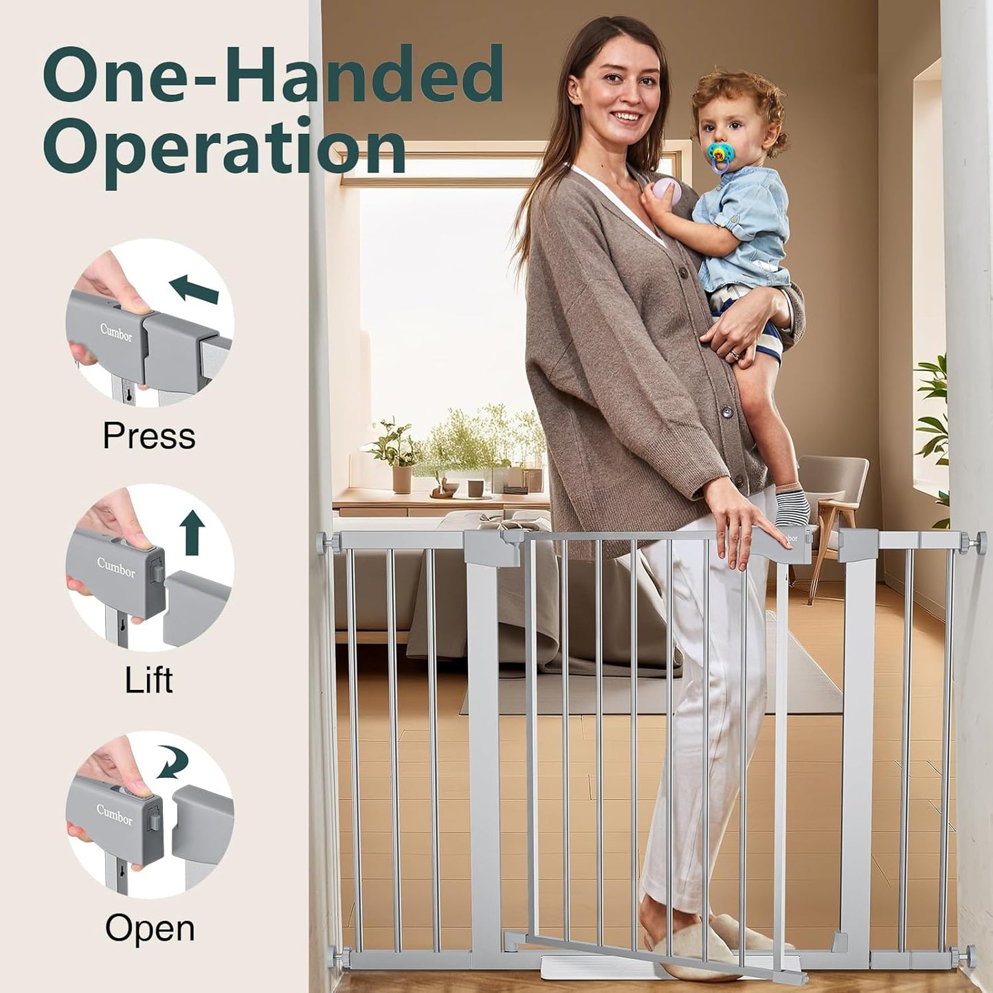 Cumbor 29.7-46" Baby Gate for Stairs, Mom's Choice Awards Winner-Auto Close Dog Gate for the House, Easy Install Pressure Mounted Pet Gates for Doorways, Easy Walk Thru Wide Safety Gate for Dog,Silver