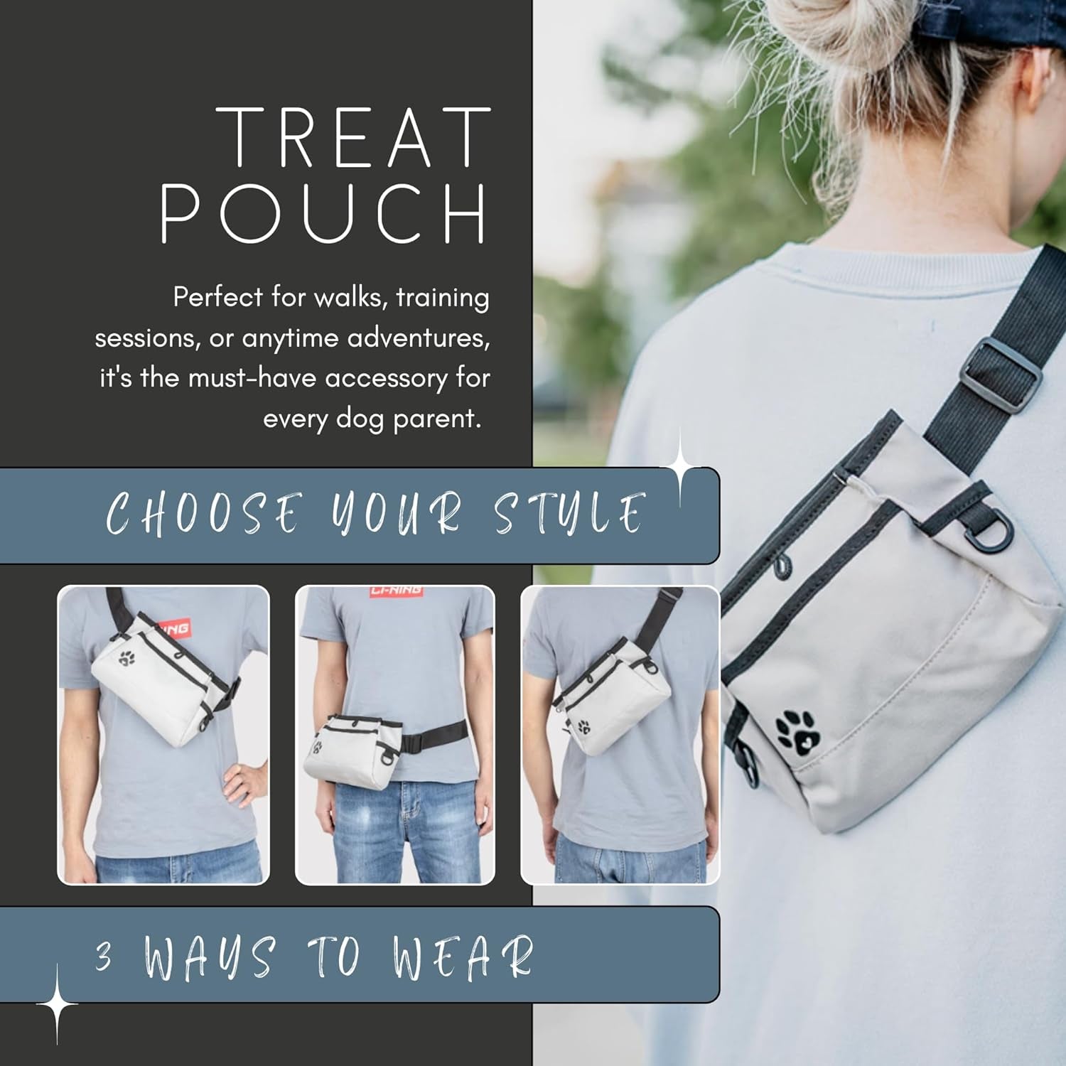 Dog Treat Pouches for Pet Training - Custom Design - Dog Treat Bag for Dog Training & Behavior Aids - Fanny Pack for Dog Walking Bag - Puppy Training Treat Pouch & Snacks Bag Pouch (Grey)