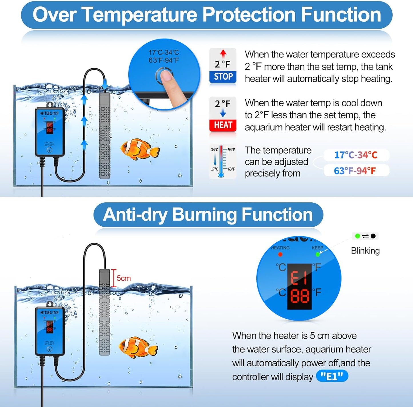 HiTauing Aquarium Heater, Upgraded 300W/500W Fish Tank Heater with Intelligent Leaving Water Automatically Stop Heating and Advanced Temperature Control System, Suitable for Saltwater and Freshwater