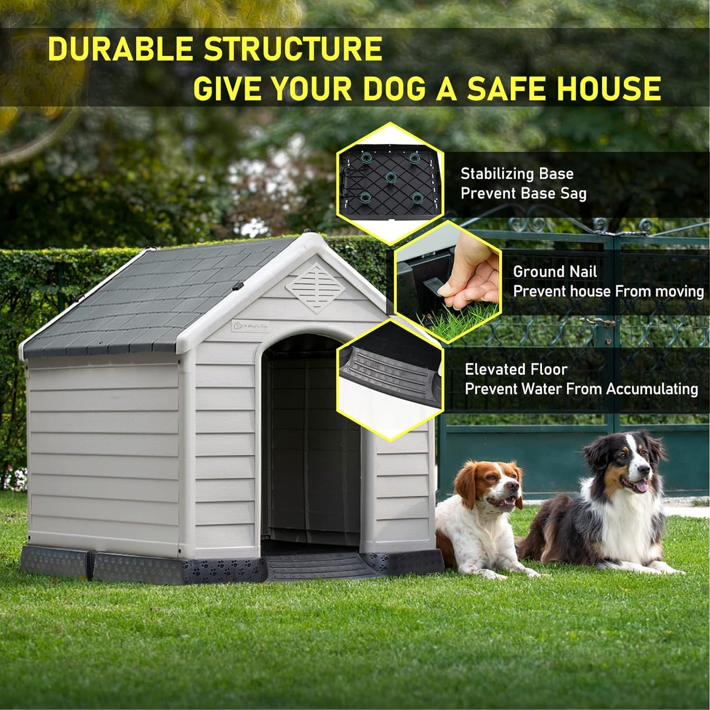 LEMBERI Durable Waterproof Plastic Dog House for Small to Large Sized Dogs, Indoor Outdoor Doghouse Puppy Shelter with Elevated Floor, Easy to Assemble (Gray, 42''L*38''W*39''H)