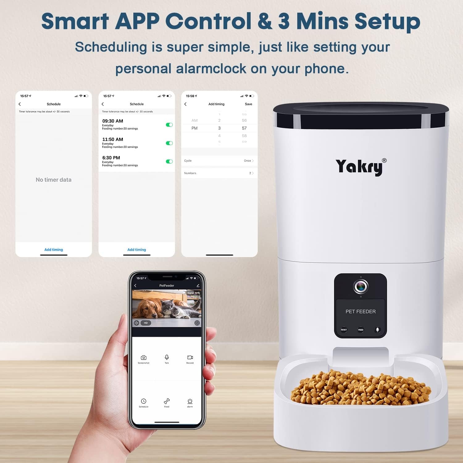 Yakry Automatic Dog Feeder with Camera - 6L/25 Cups Smart Cat Feeder with Timer 2-Way Audio HD 1080P Cam Night Vision - 2.4G Wifi Pet Food Dispenser with App Control