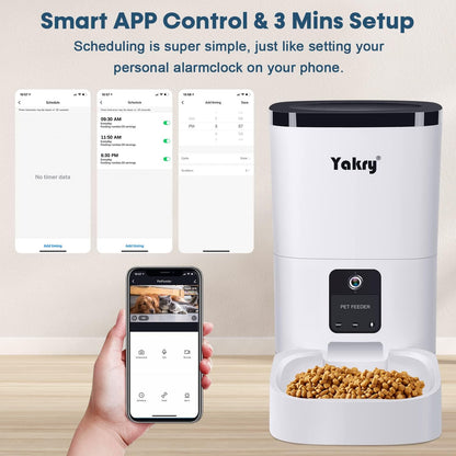 Yakry Automatic Dog Feeder with Camera - 6L/25 Cups Smart Cat Feeder with Timer 2-Way Audio HD 1080P Cam Night Vision - 2.4G Wifi Pet Food Dispenser with App Control