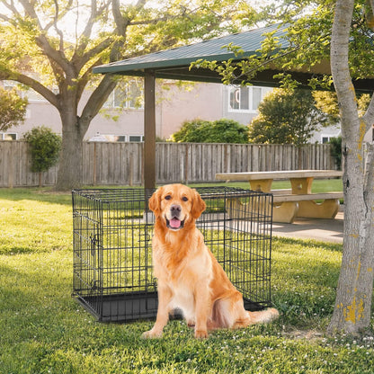 FDW Dog Crate Dog Cage Pet Crate for Large Dogs 42 Inch Folding Metal Pet Cage Double Door W/Divider Panel Indoor Outdoor Dog Kennel Leak-Proof Plastic Tray Wire Animal Cage,Dark Black