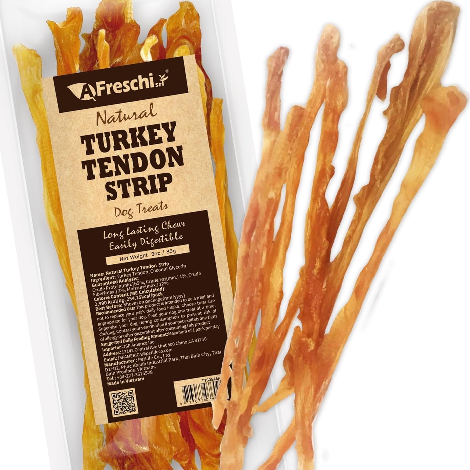 AFreschi Turkey Tendon for Dogs, Dog Treats for Signature Series, All Natural Human Grade Puppy Chew, Ingredient Sourced from USA, Hypoallergenic, Rawhide Alternative, 1 Unit/Pack Strip (Large)