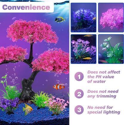 Ameliade Aquarium Artificial Plastic Plants Decoration, Pink Cherry Blossom Tree & Grass Aquarium Decor Set, Goldfish Betta Fish Tank Decorations Hides Accessories（Pink