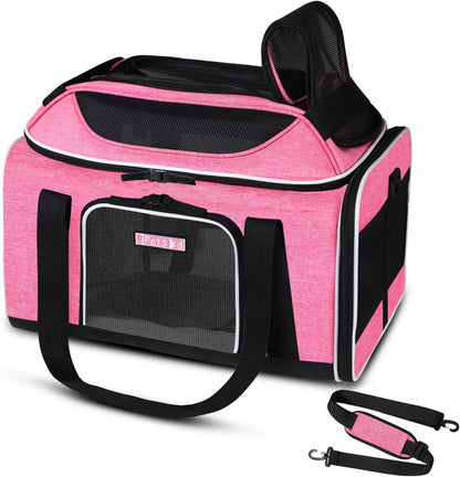 Top-Expandable Pet Carrier 17X11X9.5 Inches Alaska Airline Approved, Soft-Sided Carrier for Small Cats and Dogs with Locking Safety Zippers and Anti-Scratch Mesh(Pink)