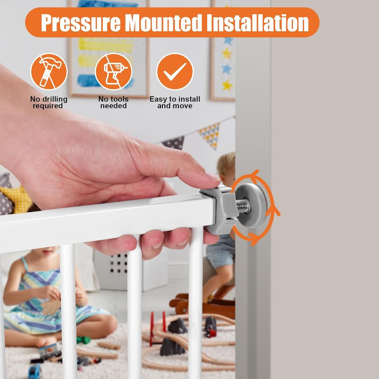 Keny 29"-47.3" Extra Wide Baby Gate for Stairs, Auto Close Safety Dog Gate, Pressure Mounted No Drilling Pet Gate for Doorways, Easy Walk through Stair Gate for Kids Todder, 30" Tall, White